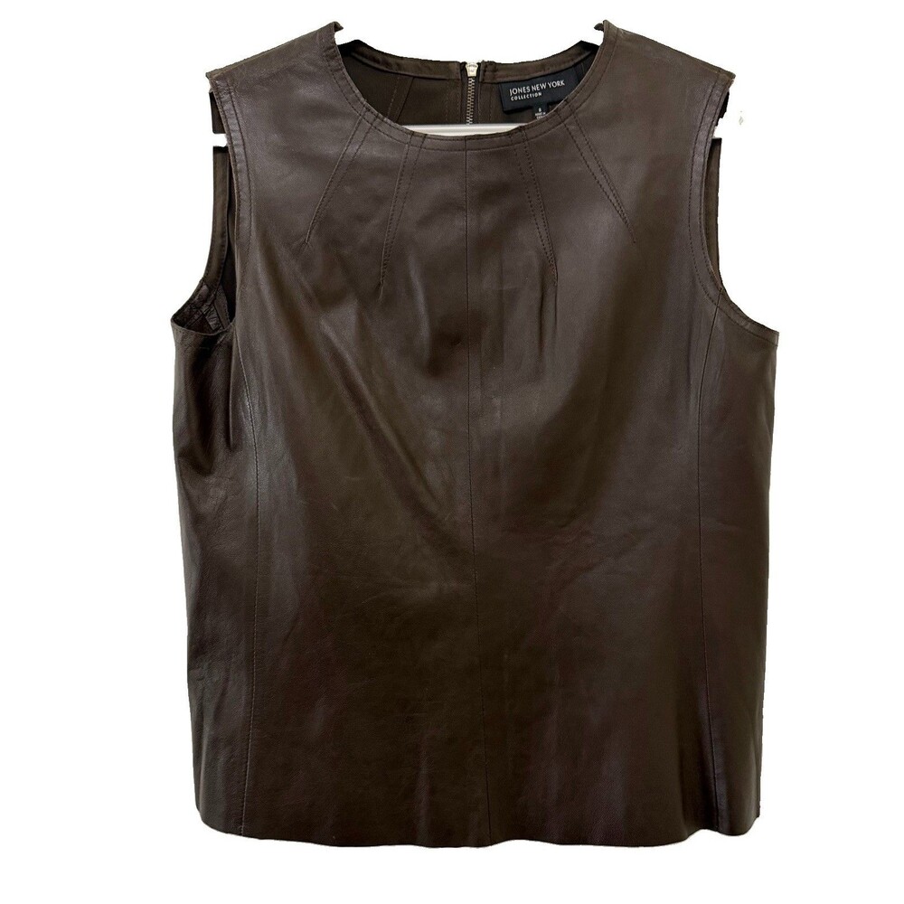 Jones New York Collection Leather Shell Top Brown Sleeveless Blouse Womens 8
